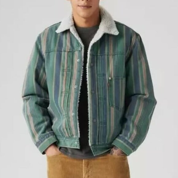 Levi's Premium Type 1 Sherpa Trucker Jacket Matlock Stripe Python Green NWT - Picture 5 of 16